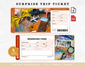 May include: Two digital boarding pass designs with a travel theme. One features a map, airplane, passport, and bow. The other has a map, magnifying glass, and the word "TRAVEL". The text reads "SURPRISE TRIP TICKET".