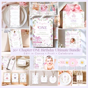 May include: A collection of party supplies with a floral and butterfly theme. The items include invitations, tags, menus, and a gift box, all featuring the text "Chapter ONE" and "Olivia's First Birthday". The color scheme is soft pink and lavender.