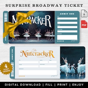 May include: Two digital Broadway ticket designs for "The Nutcracker" with a teal and white color scheme. One ticket features a gold bow and a ballet scene. The other ticket has a gold "Nutcracker" title and a ballet scene. The tickets are labeled "Admit One".