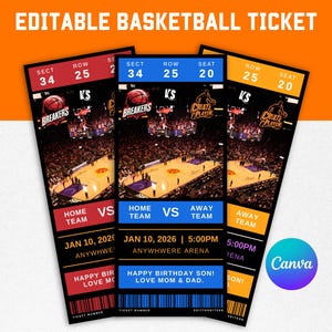 May include: Three basketball tickets with a basketball court graphic. The tickets have the text "EDITABLE BASKETBALL TICKET". Each ticket has a different color scheme, with details like the date, time, and team names.