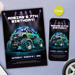 Modelo de convite de aniversário de Monster Truck, convite para festa temática de Monster Truck, Monster Truck para impressão e digital, Boys Trucks, Canva