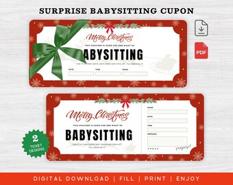 Printable Babysitting Gift Voucher Template, Editable Babysitting Certificate, Childminding Date Night Coupon, Personalized Christmas Gift