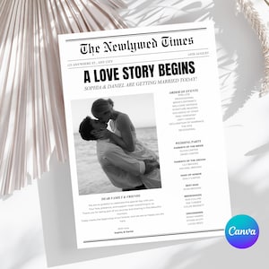 May include: A monochrome wedding announcement in the style of a newspaper, titled "The Newlywed Times." It includes a photo of a couple kissing, event details, and names. The date is 14th August.