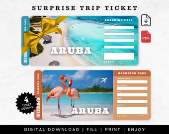 May include: Two Aruba surprise trip ticket designs. One features a beach scene with a yellow bow, the other with flamingos. Both include "Boarding Pass" and fill-in fields. Text includes "You are going to Aruba" and "Digital Download | Fill | Print | Enjoy."