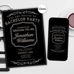 Modelo de convite para festa de despedida de solteiro em preto e branco, design Flourish, design de modelo de luxo, modelo de noivo, Canva
