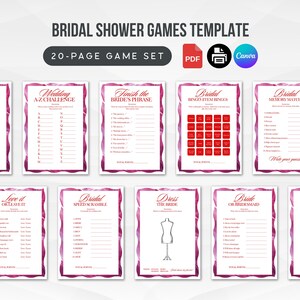 May include: A collection of printable bridal shower games. The template includes games like Word Hunt, A-Z Challenge, Finish the Bride's Phrase, Bingo, and Memory Match. The design features a white background with a pink border and text in a dark red color.