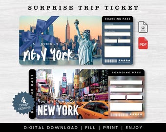 May include: Digital download surprise trip ticket designs for New York. The tickets feature images of the Statue of Liberty and Times Square, with boarding pass templates. The text reads "Surprise Trip Ticket" and "You are going to New York."