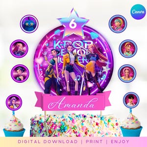 Pode incluir: Um topo de bolo com tema K-Pop com o texto "KPOP DEMON NUMBER 6" e o nome "Amanda" em uma faixa rosa. A imagem inclui topos de cupcake e um bolo com granulado colorido. As palavras "DOWNLOAD DIGITAL | IMPRIMIR | APROVEITAR" estão na parte inferior.