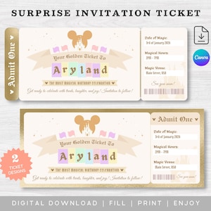 Może przedstawiać: Dwa cyfrowe bilety zaproszenia niespodzianki do pobrania z projektem złotego biletu. Bilety zawierają tekst "Your Golden Ticket To Aryland" i "The Most Magical Birthday Celebration". Bilety zawierają datę, godzinę i miejsce.