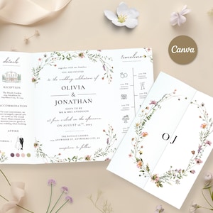 May include: A wedding invitation suite with a floral design. The invitation includes details, a timeline, and the names Olivia & Jonathan. The suite is decorated with a floral wreath and the initials "OJ" on the front.