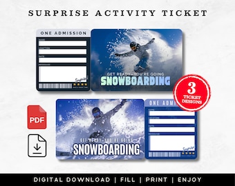 May include: A digital download featuring three surprise activity ticket designs. The tickets have a snowboarding theme with space to fill in details. The text "Get Ready You're Going Snowboarding" is displayed on the tickets. The image also includes a PDF icon.