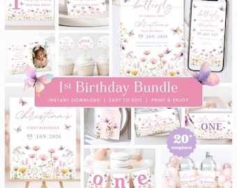 May include: A collection of printable first birthday party templates with a floral and butterfly theme. The bundle includes invitations, banners, cupcake toppers, and water bottle labels. The text includes "Christina's First Birthday" and "1st Birthday Bundle".