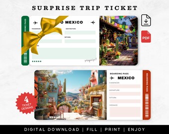 Könnte beinhalten: Digitaler Download eines Überraschungs-Reisetickets nach Mexiko. Das Design zeigt eine Bordkarte mit einem lebendigen Bild einer mexikanischen Stadt, einer gelben Schleife und dem Text "SURPRISE TRIP TICKET". Enthält 4 Ticketdesigns.
