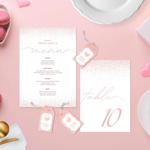 Etiquetas para menú y tarjetas de mesa con purpurina y rosas para quinceañeras, tarjetas de mesa con rosas para quinceañeras, etiquetas de agradecimiento, tarjetas de menú, dieciséis, Canva