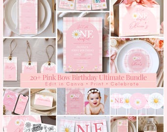 May include: A collection of pink and white daisy-themed party supplies for a first birthday celebration. Includes invitations, menu cards, favor boxes, and decorative elements. The text "ONE" and "Olivia's" are visible.