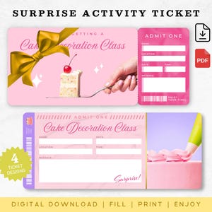Könnte beinhalten: Rosa Überraschungs-Aktivitäts-Ticket-Design mit dem Text "Cake Decoration Class". Das Ticket zeigt ein Stück Kuchen mit Kirsche, eine goldene Schleife und eine Hand, die eine Gabel hält. Enthält ein PDF-Download-Symbol.