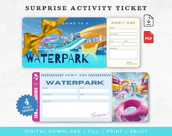 May include: A digital download featuring four waterpark ticket designs. The tickets have a blue and pink color scheme with images of water slides and a pink inner tube. Text includes "WATERPARK", "ADMIT ONE", and "Surprise!"