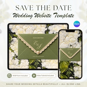 May include: A tablet and smartphone displaying a wedding website template featuring a green envelope with gold lace trim, a pearl accent, and the text A Love Letter From E&J. The background shows white floral art. Text includes SAVE THE DATE.
