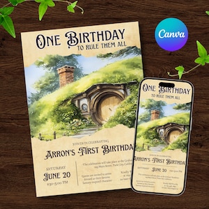 Puede incluir: Una invitación de cumpleaños con el texto "ONE BIRTHDAY TO RULE THEM ALL" y "ARRON'S FIRST BIRTHDAY" se muestra en papel y en un teléfono inteligente. La invitación presenta una ilustración de acuarela de un agujero de hobbit.