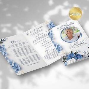 Modèle de programme de funérailles florales bleues, ordre d'office imprimable, programme de funérailles commémoratives simple, service funéraire, célébration de la vie