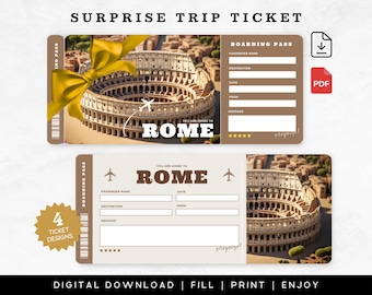 May include: Two digital surprise trip tickets to Rome. The tickets feature a picture of the Colosseum, with text that reads "You are going to Rome." One ticket is adorned with a yellow bow. The tickets are labeled "Boarding Pass."