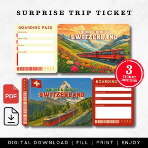 Switzerland Trip Surprise Gift Ticket, Editable Boarding Pass, Vacation Ticket, Trip Ticket