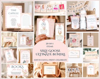 Paquete de primer cumpleaños de One Silly Goose, paquete de invitación floral de ganso, decoración con temática de ganso para el primer cumpleaños de niñas con vegetación rosa, sgb1
