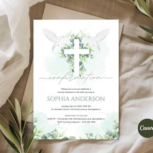 Modello di invito per la cresima Greenery, invito per la cresima di ragazzo e ragazza, modelli religiosi, design Greenery, Canva