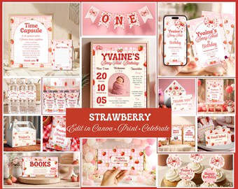 May include: A collage of strawberry-themed party decorations and stationery. Includes invitations, signs, cupcake toppers, water bottle labels, and a banner that says "ONE". The theme is "Yvaine's Berry First Birthday".