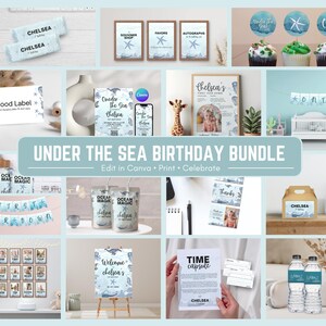 May include: A collection of under-the-sea themed birthday party decorations and stationery. Includes invitations, cupcake toppers, banners, food labels, favor boxes, and water bottle labels. The text "Under the Sea Birthday Bundle" is displayed.