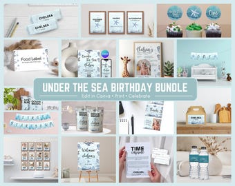 May include: A selection of under-the-sea themed birthday party decorations and stationery. Includes invitations, cupcake toppers, banners, food labels, favor boxes, and water bottle labels. The text "Under the Sea Birthday Bundle" is displayed.