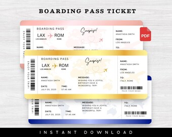 May include: Three boarding pass tickets in pink, gold, and blue. Each ticket has the text "BOARDING PASS" and "LAX to ROM". The tickets include the name "ANASTASIA SMITH", date, time, and a message wishing a joyful birthday.