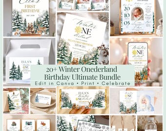May include: A collection of winter-themed birthday party supplies. Includes invitations, welcome signs, photo displays, favor tags, and a coloring page. Designs feature forest animals, pine trees, and the text "Winter Onederland".