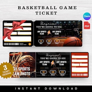 Könnte beinhalten: Basketball-Spielticket-Design mit schwarzem Hintergrund, mit roter Schleife, Basketball-Bildern und dem Text "BASKETBALL GAME TICKET". Enthält Felder für Name, Ort, Datum und Uhrzeit.