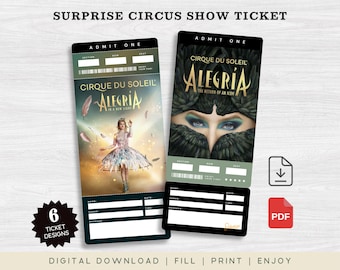 Druckbare Cirque du Soleil Alegria Show Karte, Überraschungsgeschenk enthüllen Karte