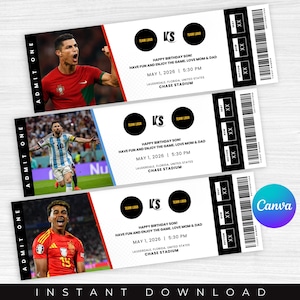 Puede incluir: Tres entradas de fútbol en blanco y negro con imágenes de jugadores. Cada entrada dice "ADMITIR UNO" y "¡FELIZ CUMPLEAÑOS HIJO!" con la fecha, hora y lugar. Las entradas son para un partido en el Chase Stadium.