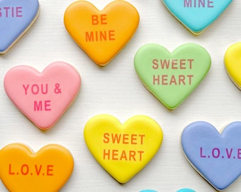 SWEETHEARTS Conversation Cookies for Valentine's Day | Custom Phrases | Decorated Royal Icing Sugar Cookies | Set of 12 Regular or 24 Mini's