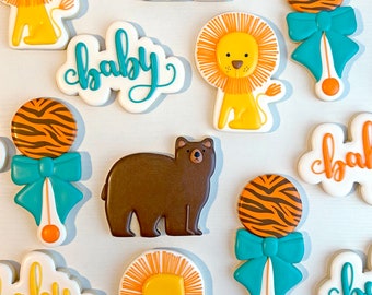 Baby Shower Cookies | Lions, Tigers, and Bears themed with Rattle and Baby word plaque | Decorated Royal Icing Sugar Cookies | Set of 12