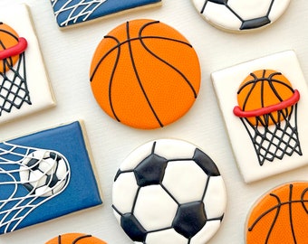 Basketball & Soccer Sports Cookies | Decorated Royal Icing Sugar Cookies | Set of 12