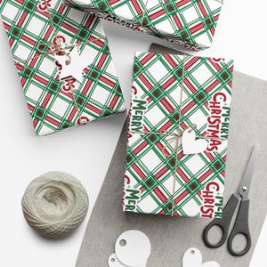 Merry Christmas Plaid Wrapping Paper Roll, Holiday Gift Wrap Sheets, Red and Green Plaid Striped Paper, Modern Winter Holiday Wrap
