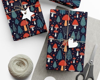 Forest mushrooms giftwrap, red and green botanical wrapping sheets, naturecore holiday wrapping paper roll, mushroom lover gift wrap