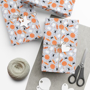 Halloween candy wrapping paper roll, cute fall gift wrap, orange and black giftwrap, spookycute Halloween paper wrap for birthday