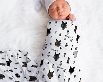 Swaddle Blanket Wolf, Personalized Baby Gift, Woodland Nursery Theme, Newborn Receiving Blanket, Custom Name Wolf Swaddle Blanket