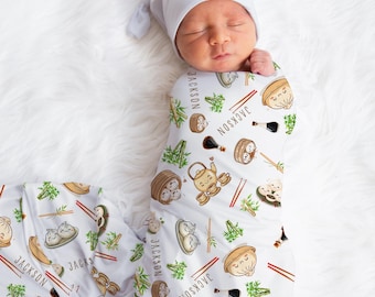 Manta de muselina con diseño de dumplings, lindo regalo de comida para bebé, manta con nombre para recién nacido, regalo personalizado para baby shower, manta de bao bun y bambú.