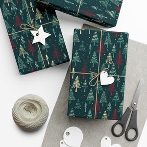Folk art trees Christmas wrapping paper rolls, unique gift wrap for men or women, eco-friendly wrapping paper sheets, holiday trees