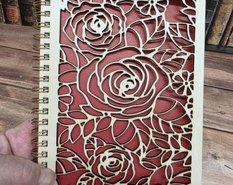 Cuaderno con cubierta de madera de palisandro, cuaderno cortado con láser, cuaderno espiral de rosas en capas, regalo romántico para lectores, cuaderno con cubierta de madera