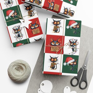 Black Cat Christmas Wrapping Paper, Quirky Cat Holiday Gift Wrap Roll, Funny Cat Christmas Wrapping Paper Sheets, Checkered Christmas Paper