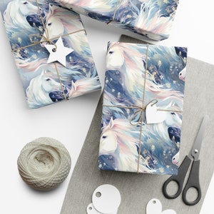 Wrapping Paper with Horses, White Horses, Blue GiftWrap for Girls who love Horses, Equestrian Wrapping Paper for Kids
