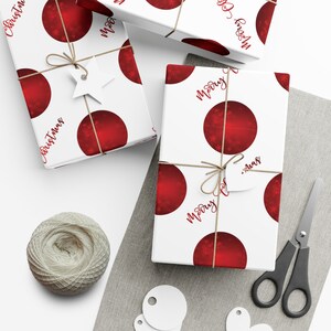 Red Merry Christmas Balls Wrapping Paper, Custom GiftWrap, Holiday Gift Wrap, Christmas Gift Wrap Roll, Christmas Party Paper
