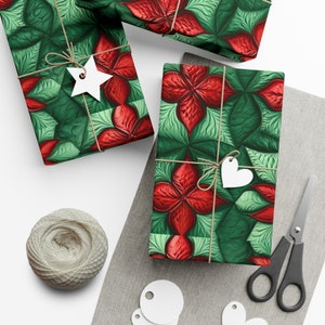Red and Green quilt pattern Christmas wrapping paper rolls, Holiday Giftwrap, Christmas present wrapping sheets, Elegant Giftwrap